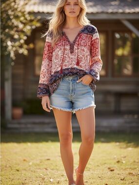 Lucky Brand Red and Navy Paisley Peasant Top